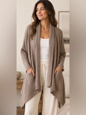 Barefoot Dreams CozyChic Ultra Lite Ribbed Draped Shawl Collar Cardi Medium
